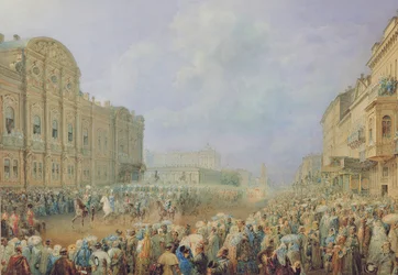 Revisión militar en la Avenida Nevsky en el Palacio Beloselsky-Belozersky, 1859